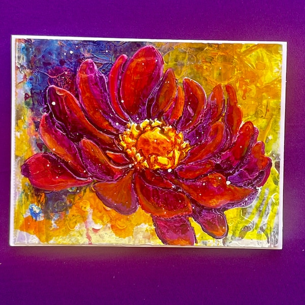 Hand painted all occasion flower card; “Violet Dreams”: Textured Mixed Media Card; Handmade