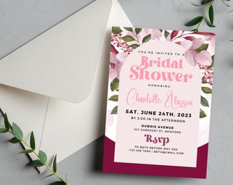 Bridal Shower Invitation Template, Editable Red and Pink Floral Bridal Shower Invite, Bridal Brunch, Edit In Canva, Wildflower Bridal Shower