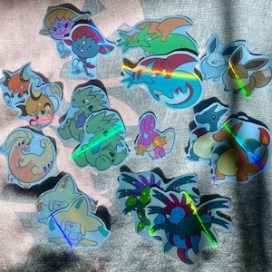 Pokemon derpy style glitter holographic stickers. Any Pokémon, shiny, Charizard Gengar Pikachu Eevee