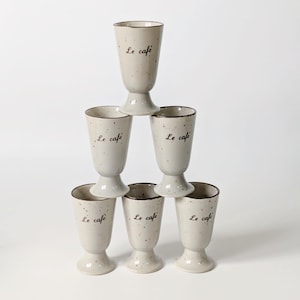 Set of 6 Midcentury French Mazagran Coffee Cups, Pedestal Ceramic Mugs, Beige & Brown Speckled Glaze, Retro Café Decor