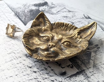 Vintage Cat Face Brass Ashtray Trinket Dish