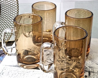 Set of 4 Vintage Hand Blown Amber Color Glass Mugs