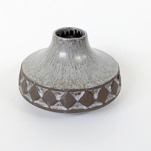 Midcentury Danish Vase by Frank Keramik, Geometric Pattern, Light Blue Brown Glaze, 1960s Pottery