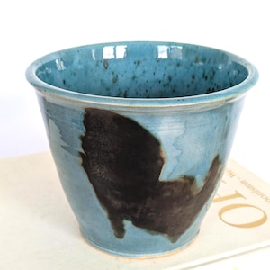 Vintage MCM Studio Pottery Planter Speckled Teal & Anthracite Glaze Vase Cache Pot Artist Signed