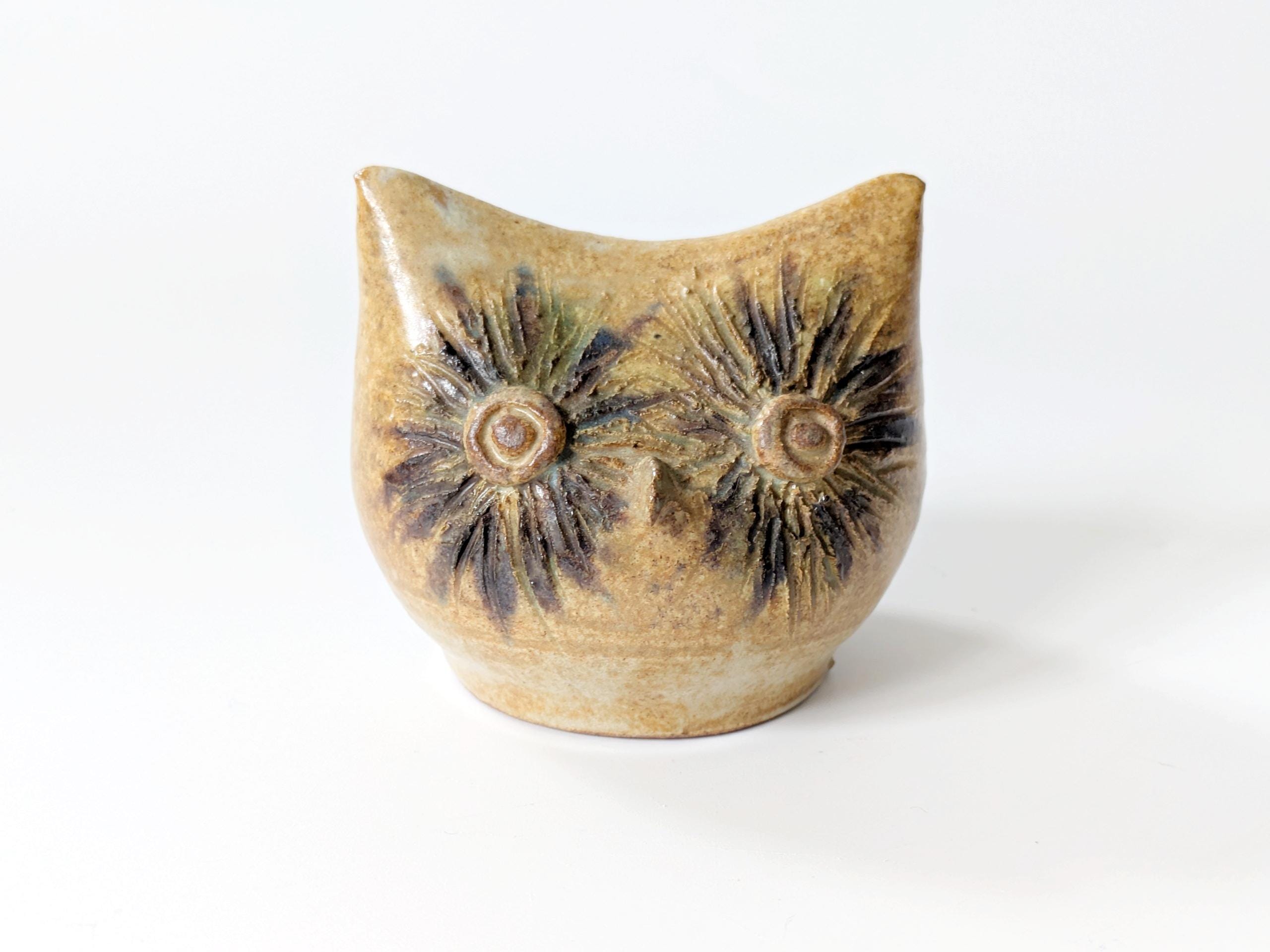 Vintage 1970s Stoneware Owl Figurine, Speckled Oat Glaze and Sgraffito, Artist Signed