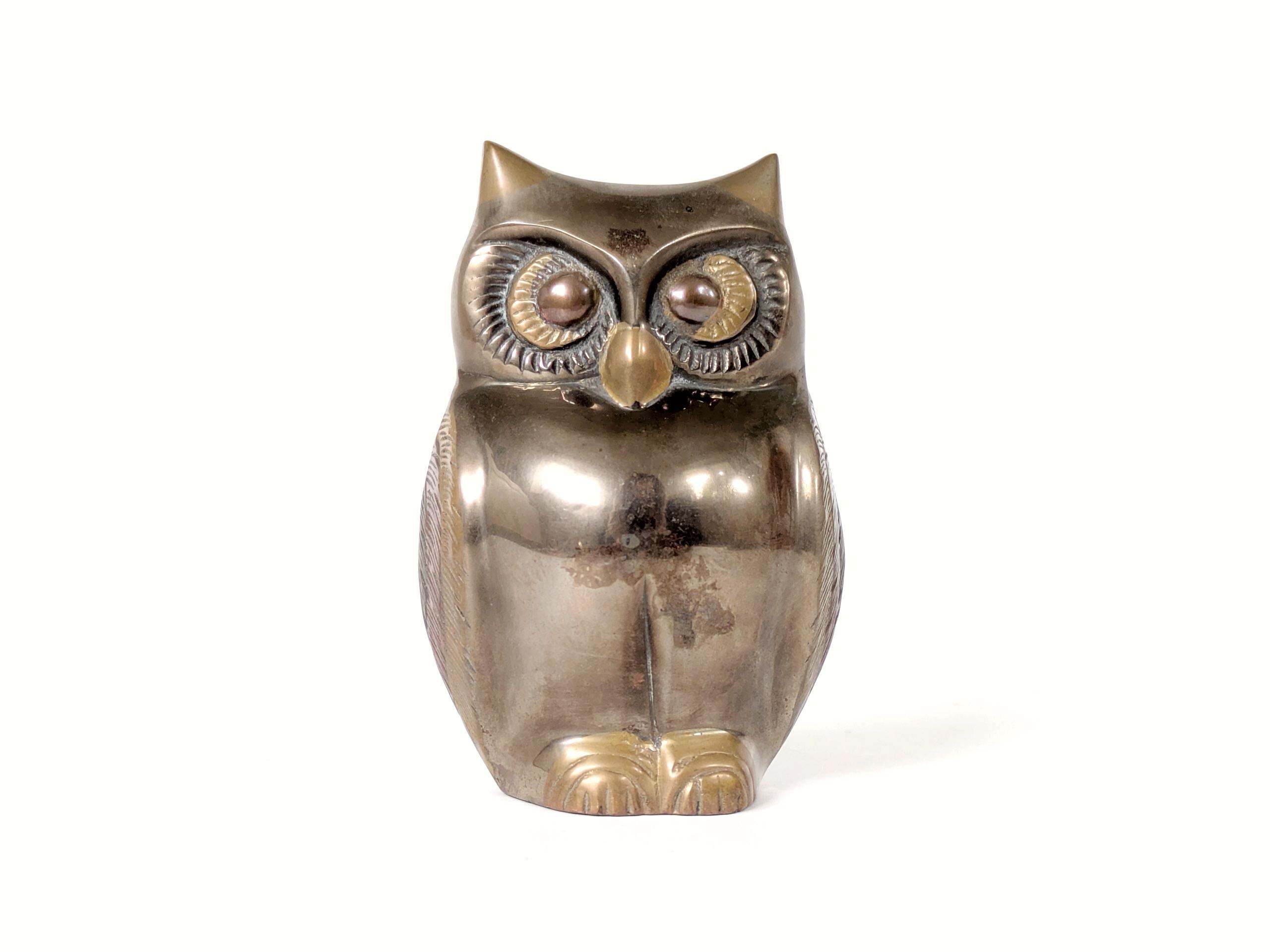 Vintage Mixed Metal Owl Figurine, Brass Bronze Copper Bird, Indian Handcrafted Sculpture, 1970s