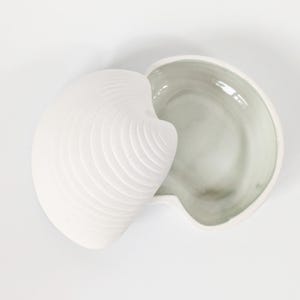 Pode incluir: Uma caixa de bugigangas de cerâmica branca em forma de concha, com tampa. A tampa tem uma textura canelada e o interior é verde pálido. A caixa está aberta, revelando o interior. O design é minimalista e elegante.