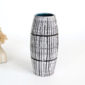Scheurich West Germany Bambus Vase Black White Lava Glaze Teal Accent MCM Ceramic 1960s