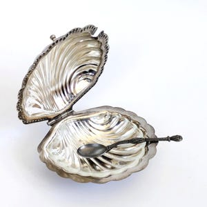Peut inclure: Une boîte à bijoux argentée en forme de coquillage, avec un couvercle ouvert. L'intérieur présente un motif nervuré et une petite cuillère repose à l'intérieur. La boîte a un bord festonné.
