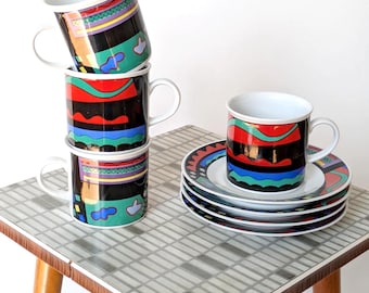 1980s Postmodern Memphis Coffee Set, Burg Lindau Germany, Porcelain Cups & Saucers