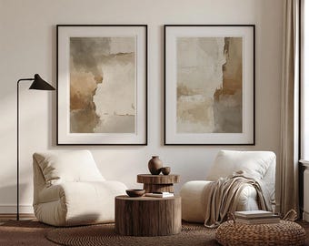 Wabi Sabi Wall Art Set of 2, Neutral Textured Canvas Prints, Abstract Stone Art, Beige Brown Japandi Decor