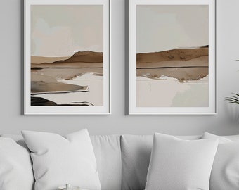 Láminas de arte abstracto de paisajes: Juego moderno de 2 láminas en tonos neutros beige (descargas digitales) para decoración de paredes.