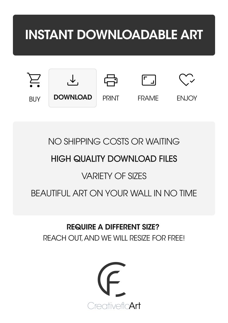 K&ouml;nnte beinhalten: Werbung f&uuml;r sofort herunterladbare Kunst. Das Bild zeigt oben den Text &bdquo;INSTANT DOWNLOADABLE ART&ldquo; mit Symbolen f&uuml;r Kaufen, Herunterladen, Drucken, Rahmen und Genie&szlig;en. Zus&auml;tzlicher Text wirbt f&uuml;r hochwertige Dateien und verschiedene Gr&ouml;&szlig;en.