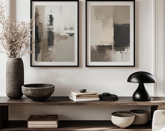 Japandi Wall Art Set of 2, Black Beige Abstract Prints, Neutral Textured Wall Art, Minimalist Modern Decor