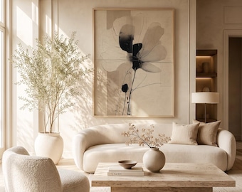 Japandi Floral Wall Art, Wabi Sabi Abstract Botanical Print, Beige Black Neutral Canvas Decor