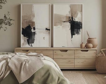 Neutral Abstract Prints, Brown Gray Minimalist Brush Stroke Set Wall Decor