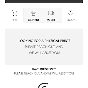 K&ouml;nnte beinhalten: Wei&szlig;es Grafikdesign mit dem Text "AVAILABLE IN HIGH QUALITY PRINTS!" und Symbolen f&uuml;r Kauf, Druck und Versand. Der Text "LOOKING FOR A PHYSICAL PRINT? PLEASE REACH OUT, AND WE WILL ASSIST YOU!" ist ebenfalls vorhanden, zusammen mit dem CreativeficArt-Logo.