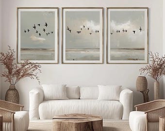 Coastal Birds Abstract Triptych Art Prints, Serene Shoreline Wall Decor (Digital Downloads)