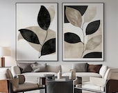 Pressed Flower Art Botanical Print Set, Beige & Black Abstract Flowers (Digital Download) Wall Decor