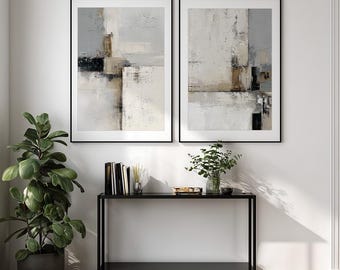 Set of 2 Abstract Geometric Mid-Century Prints – Black Beige Modern Wall Art (Digital Downloads)