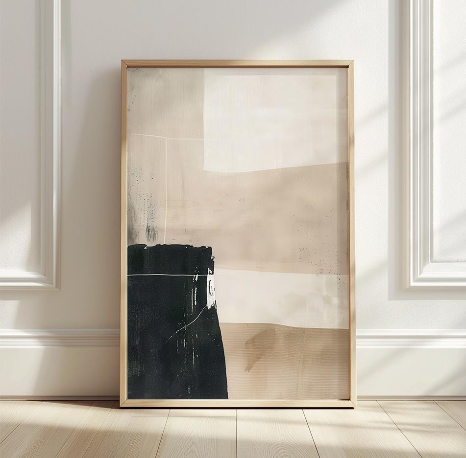 Beige & Black Abstract Art Print Set: Modern Minimalist Triptych ...