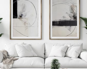 Beige schwarze Blumen Abstrakt Wand Kunst Drucke: Modernes minimalistisches Galerie Set (Digitale Downloads)