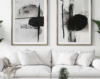 Black and White Abstract Brush Stroke Art Prints - Set of 2 (Digital Download)