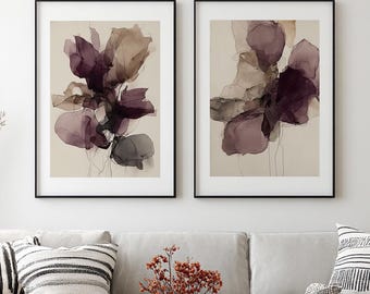 Ink Wash Floral Wall Art Set, Burgundy Botanical Prints, Japandi Minimalist Decor, Printable