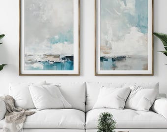 Set of 2 Blue Abstract Textured Acrylic Prints, Modern Gallery Wall Art (Digital Download)