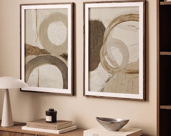 Neutral Abstract Wall Art Set of 2, Japandi Geometric Circle Prints, Beige Brown Printable Art Digital Download