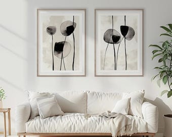 Abstract Floral Wall Art Set, Beige Black Botanical Prints, Minimalist Digital Download Decor Wall Decor