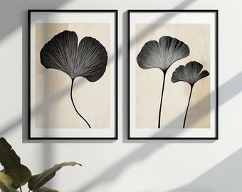 Minimalist Ginkgo Leaf Print Set: Beige Black Botanical Art (Digital Download)