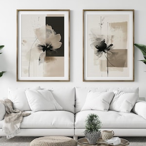Arte minimalista moderna bege preto flor abstrata conjunto de arte de 2, parede de galeria botânica neutra, conjunto de galeria de arte de parede de flores, presente para ela