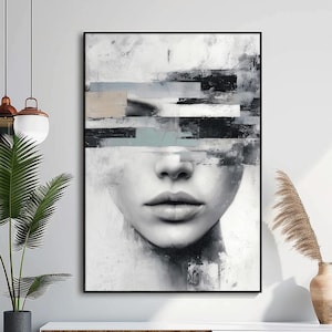 May include: Abstract black and white portrait art print. The artwork features a woman's face with a blurred effect, and horizontal brushstrokes across the eyes. The painting is framed in a black border.