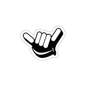 Puede incluir: Mano de dibujos animados en blanco y negro haciendo el signo shaka, un gesto hawaiano popular de paz, aloha y buenas vibraciones.