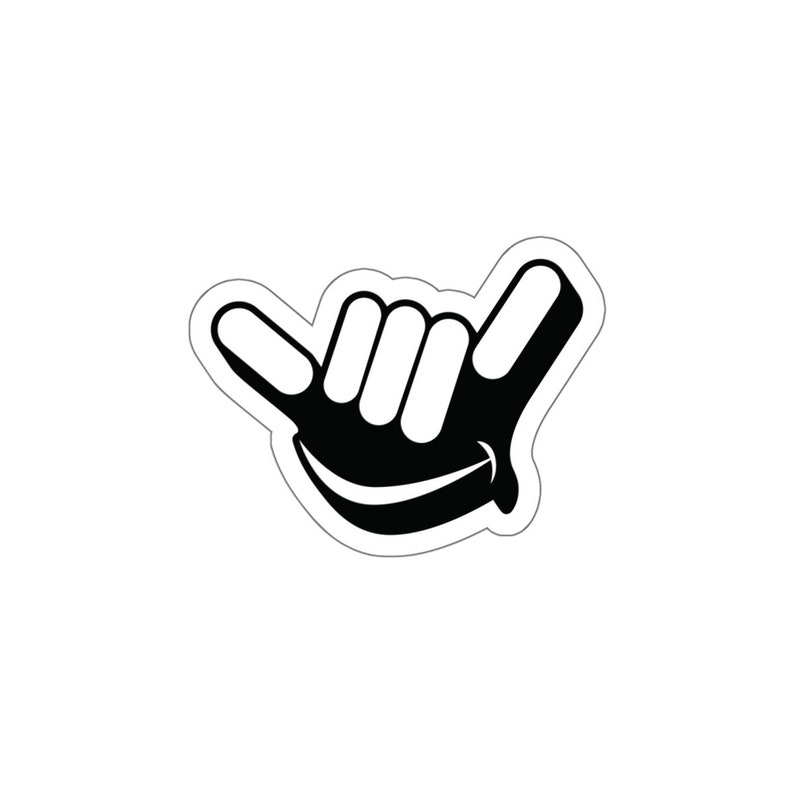 Puede incluir: Mano de dibujos animados en blanco y negro haciendo el signo shaka, un gesto hawaiano popular de paz, aloha y buenas vibraciones.