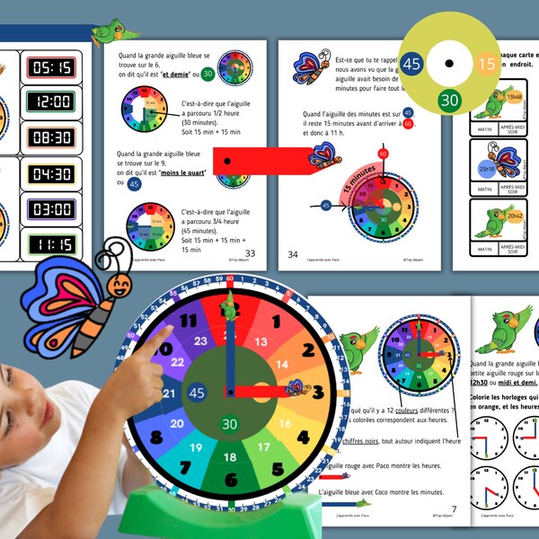 Apprendre à lire l'heure  Méthode ludique et progressive avec des personnages - Fabriquez une horloge et rendez les exercices plus amusants