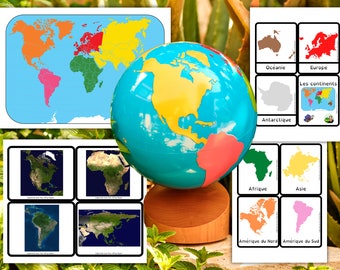 Montessori Lot de Cartes sur les sept continents - Géographie pour les petits - 7 continents aux couleurs Montessori