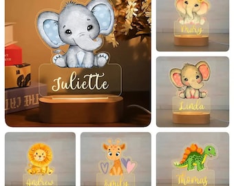 Personalized Night Light with Animal Name for Children, Acrylic Lamp for Baby Room, Decoration, Birthday and Christmas Gift