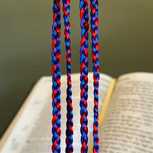Colors of royalty braided tzitzits with Torah scroll beads, nylon satin tzitzits, Set of 4