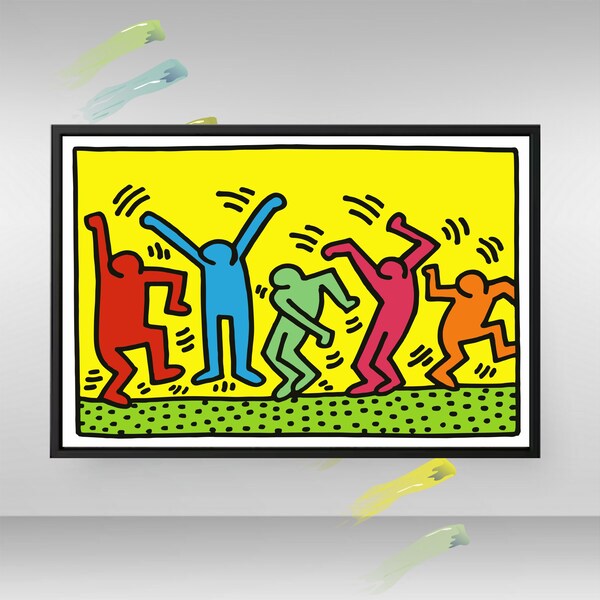Keith Haring Dancing People, gerahmtes Leinwandgemälde, amerikanische Straßenkunst, bunte Wandkunst, Keith Haring-Kunst, Graffiti-Kunst, moderne Wandkunst