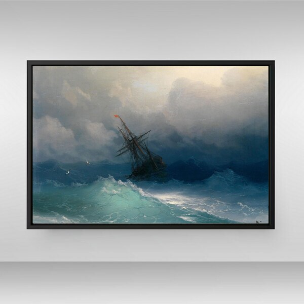 Boîte d'art sur toile Ivan Aivazovsky « Navire sur une mer orageuse » / Impression photo sur toile, cadre sur toile