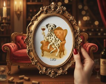 May include: A watercolor portrait of a Dalmatian dog holding a wine glass, seated in an armchair, within an ornate gold frame. The frame is held by a hand with red nail polish. The words "Ciara" and "WATERCOLOUR PORTRAIT" are visible.