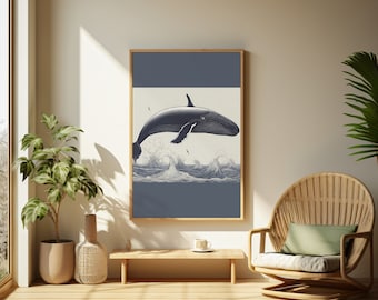 Cartel baleine, decoración mural animalière, cartel decorativo azul y gris, decoración interior mundo marino, cartel numérico océano