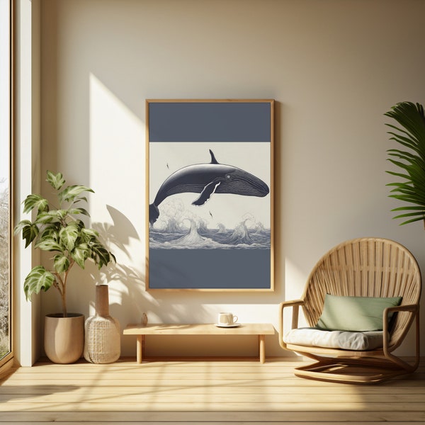 Affiche baleine, décoration murale animalière, affiche décorative bleue et grise, décoration intérieure monde marin, poster numérique océan