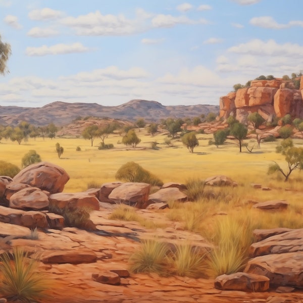 Samsung Frame Art, Wall Decor Oil Painting of Outback Straya, grassy plain and rocky outcrop, Print at Home, Oil on Canvas, digital art, UHD