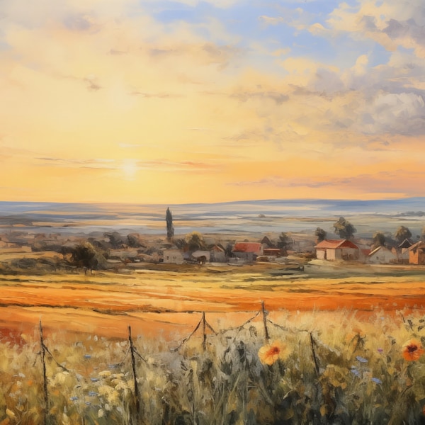 English Countryside Oil Painting wall art Warm yellows rich colours Beautiful home decor digital designs to print at home