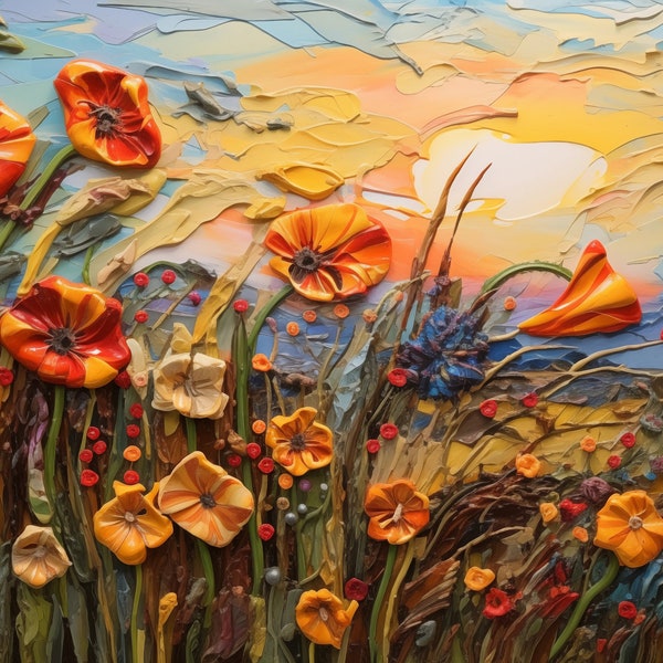 Beautiful home decor  Wall Decor of an Abstract Landscape of poppy fields at sunset, Print at Home, Oil on Canvas, UHD, Contemporary design,