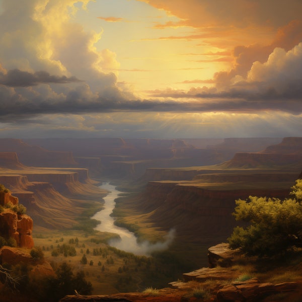 a Canyon at Sunset Oil Painting Warm yellows rich colours Print at Home wall art UHD