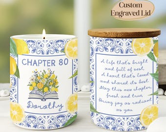 May include: A white candle in a glass jar with a blue and white tile pattern, yellow lemon illustrations, and the text "CHAPTER 80" and "Dorothy". The second view shows a wooden lid and a poem about a bright life. The candle has a lit wick.